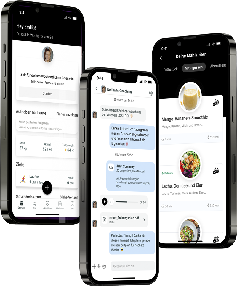 Ein Mockup der Coaching-App, das die Funktionen zeigt.